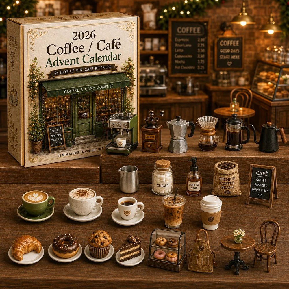 Miniature coffee equipment drinks pastries and furniture
