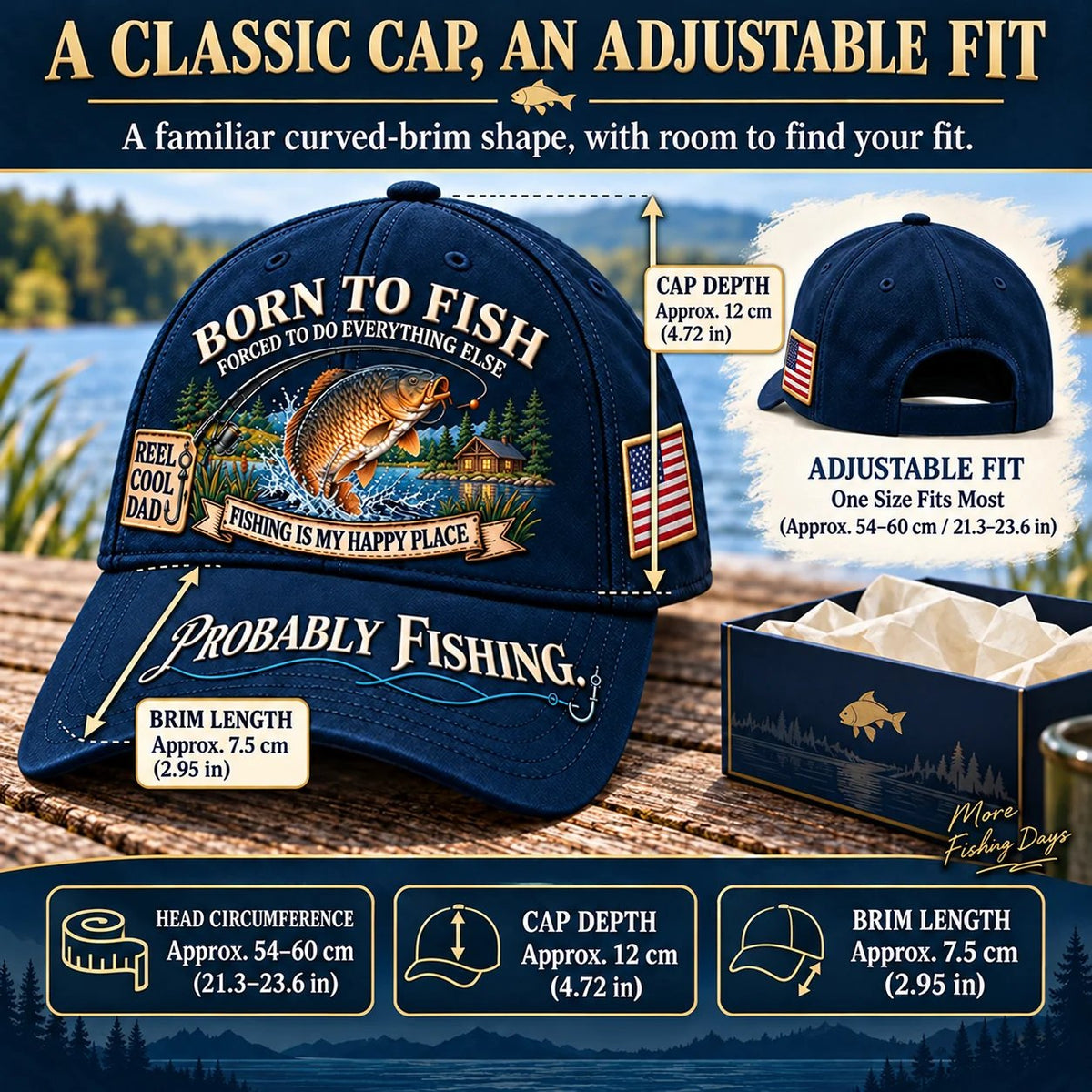 🎣 Born To Fish “Probably Fishing” USA Angler Tribute Cap  | Cotton-Poly Blend • Detailed Embroidery • Adjustable Fit