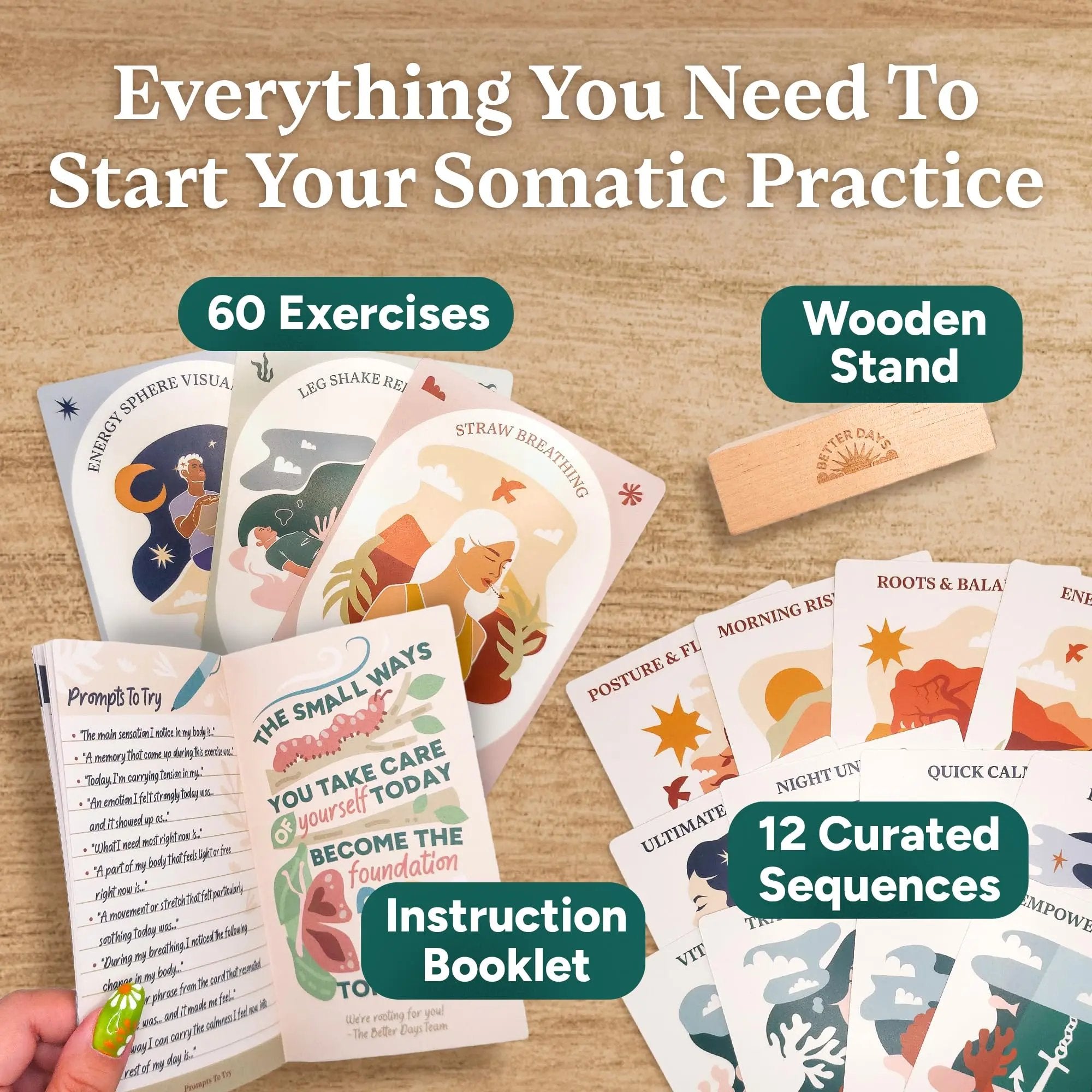 60 somatic exercises, wooden stand, instruction booklet and curated sequences
