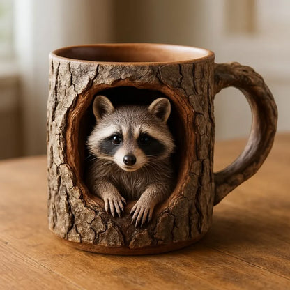 Woodland Raccoon Tree Hollow Mug – Rustic 3D Animal Coffee Cup