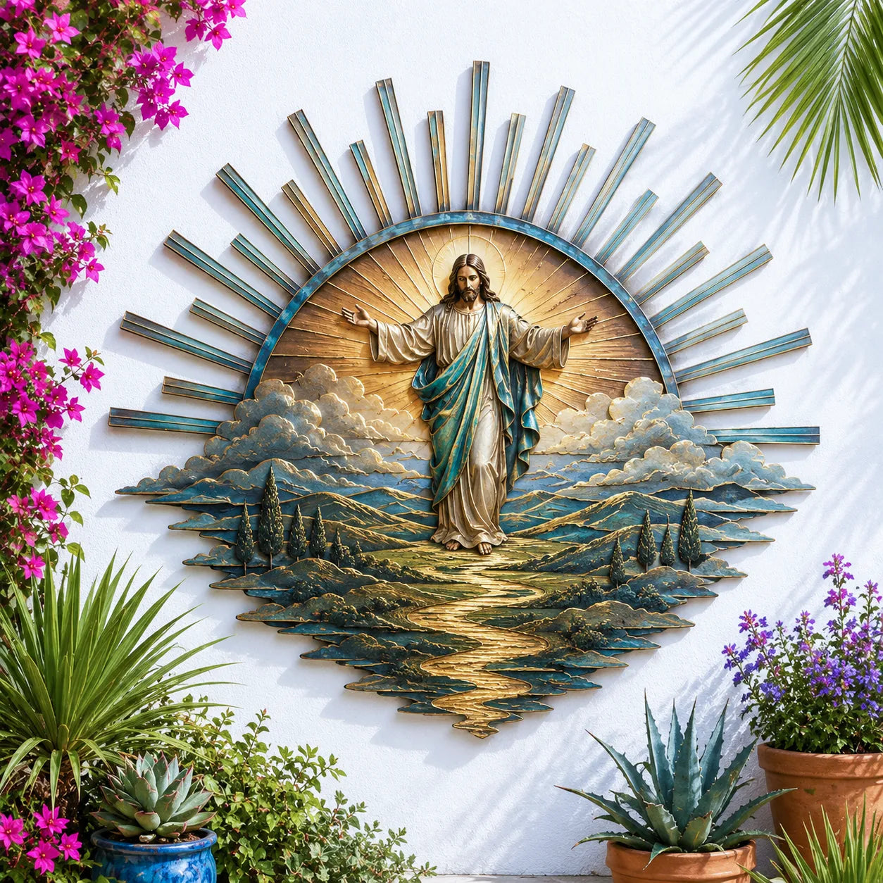 ⏳ Last Day 49% OFF – ✝️ Jesus Metal Wall Art Collection | Layered Christ Artwork with Radiant Sunburst, Dimensional Landscape Details & Concealed Keyhole Hangers ✨