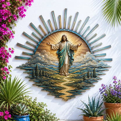 ⏳ Last Day 49% OFF – ✝️ Jesus Metal Wall Art Collection | Layered Christ Artwork with Radiant Sunburst, Dimensional Landscape Details & Concealed Keyhole Hangers ✨