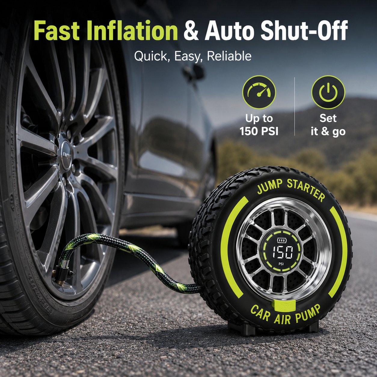 2-in-1 Portable Tire Inflator & 12V Emergency Jump Starter