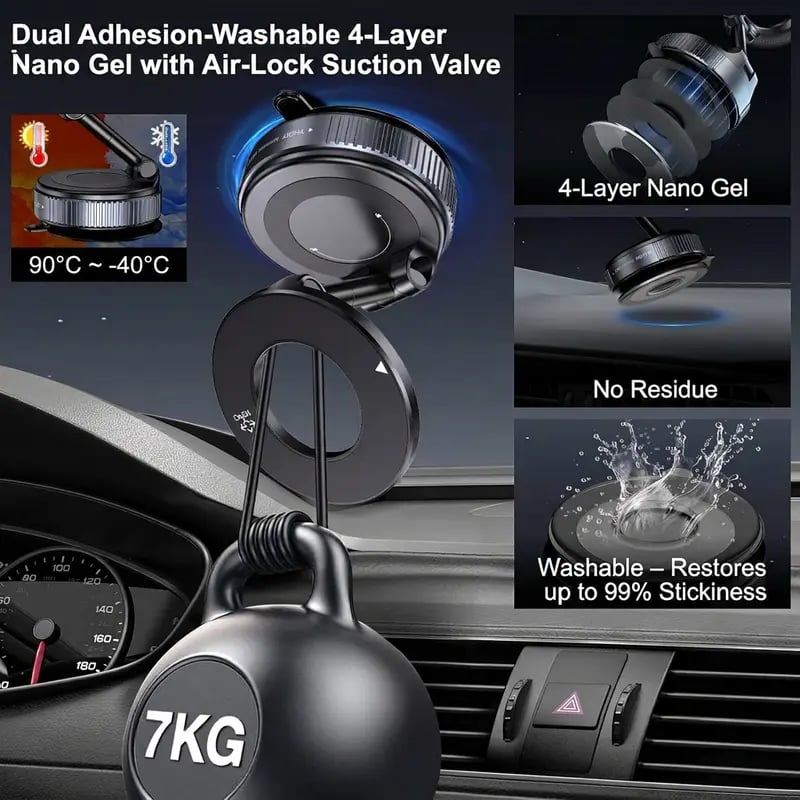 Foldable Magnetic Car Phone Holder – 20 N52 Magnets, Heat-Resistant Suction Base for MagSafe & All Phones
