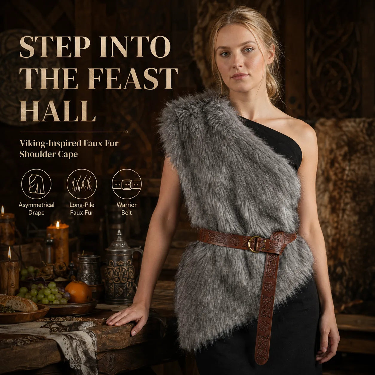 🐺 Viking-Inspired Faux Fur Shoulder Cape – Barbarian Halloween Cosplay Costume