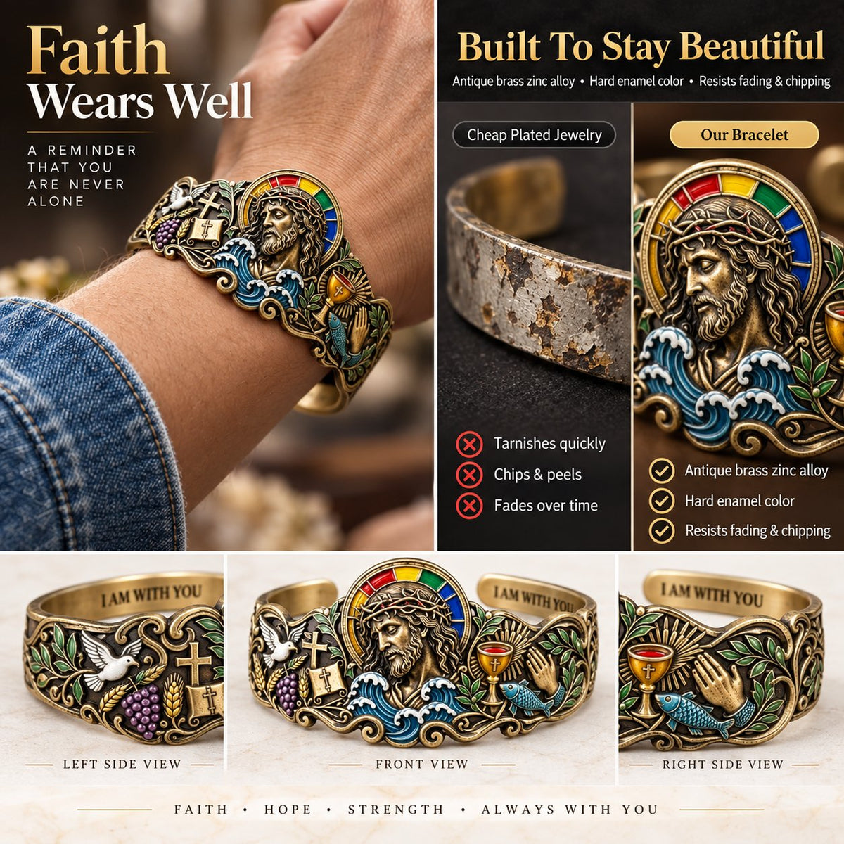 Faith Inspired Jesus Cuff Bracelet | Antique Brass With Scripture Message