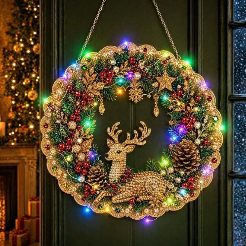 LED Weihnachts-Perlen-Diamantbild – Funkelnde Weihnachtskranz-Dekoration mit 19 Motiven