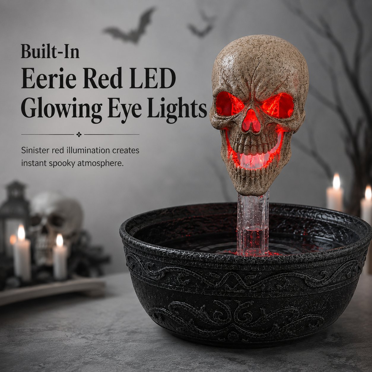 💀14" Bleeding Skull Fountain | Flowing Blood + Red LED Glowing Eyes 🏚️ Haunted House Halloween Party Decor Prop