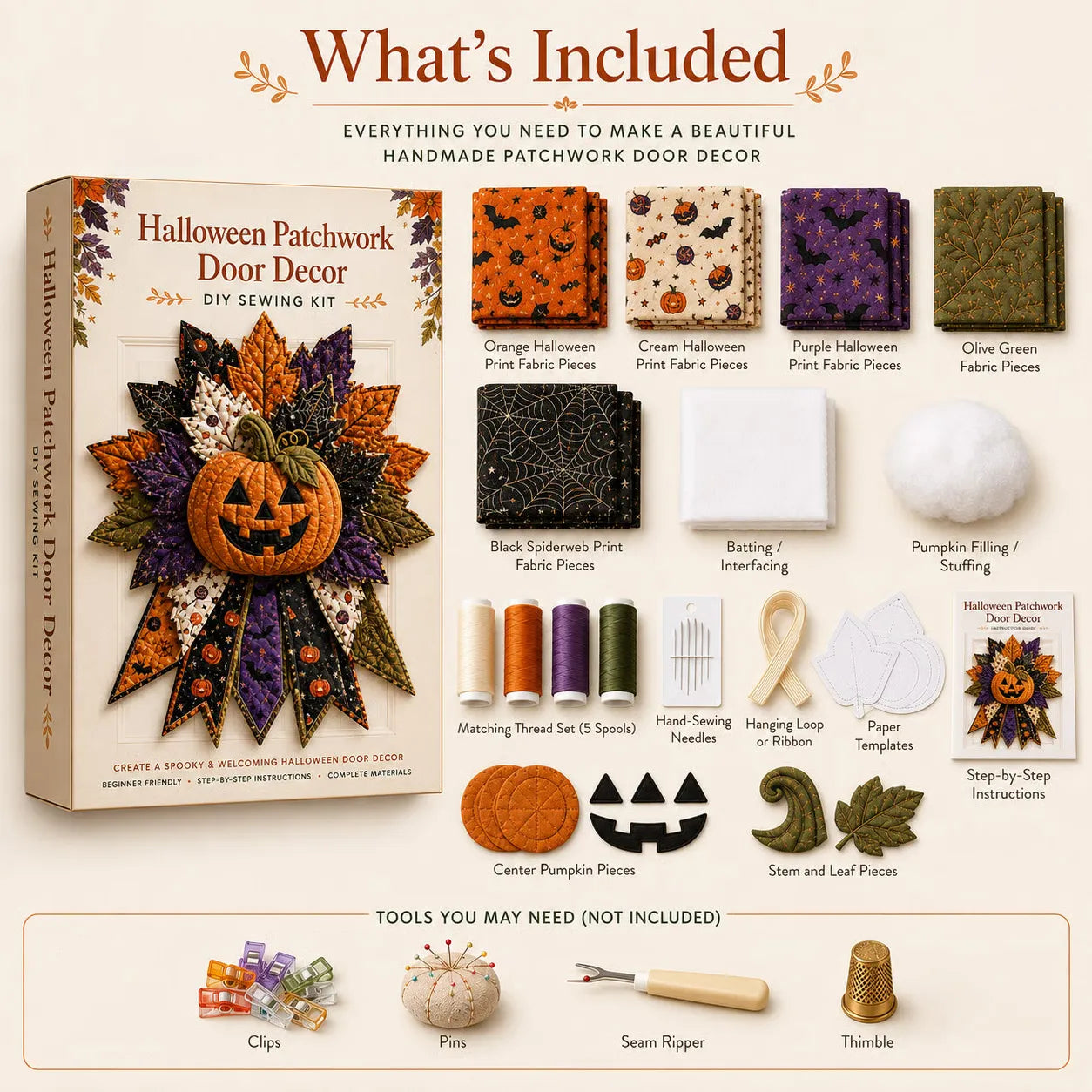 🎉 Holiday Celebration 50% OFF - 🎃DIY Quilted Halloween Pumpkin Door Hanger Sewing Kit | Make Oversized Seasonal Front Door Decor