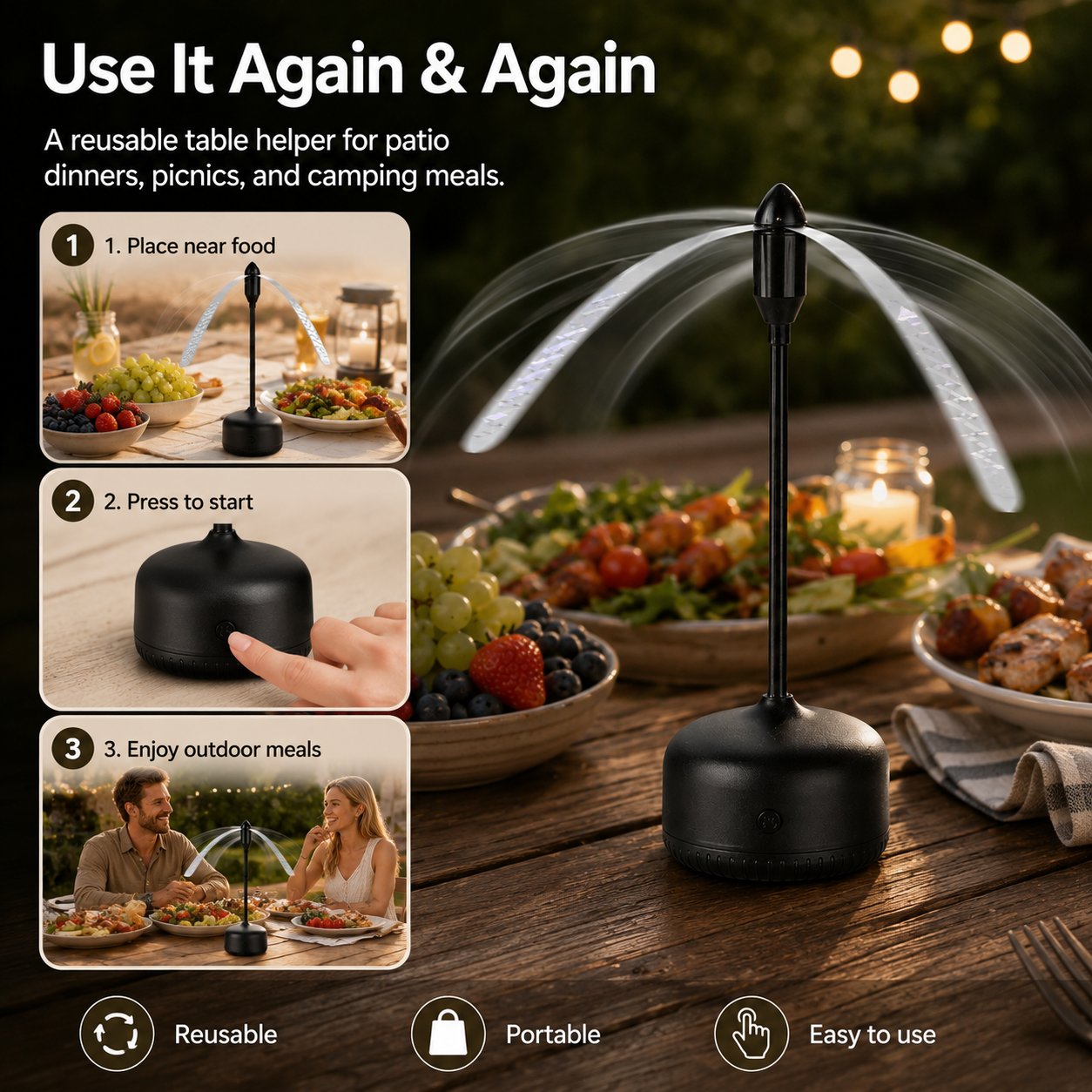 Portable Reflective Fly Repellent Fan For Outdoor Dining