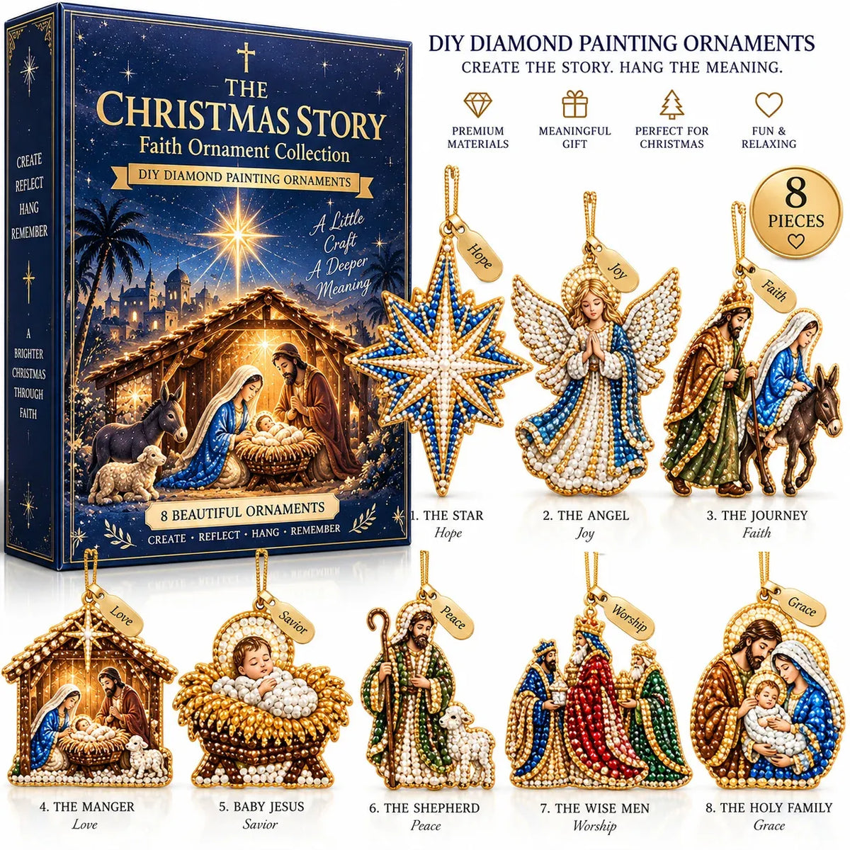 ✝️ Beginner-Friendly DIY Nativity Diamond Art Ornament Kit – Make the Christmas Story (8 Pieces)