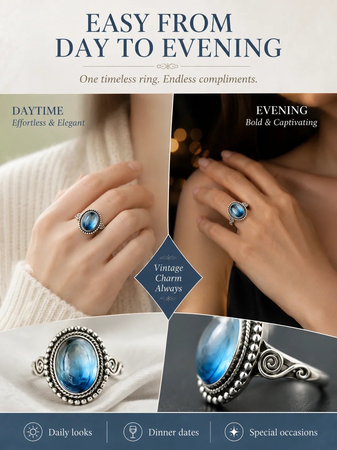 ✨ Timeless Beauty 925 Sterling Silver Vintage Moonstone Oval Ring