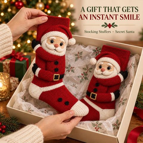 Still image of a Santa sock pair in a styled holiday gift box.
