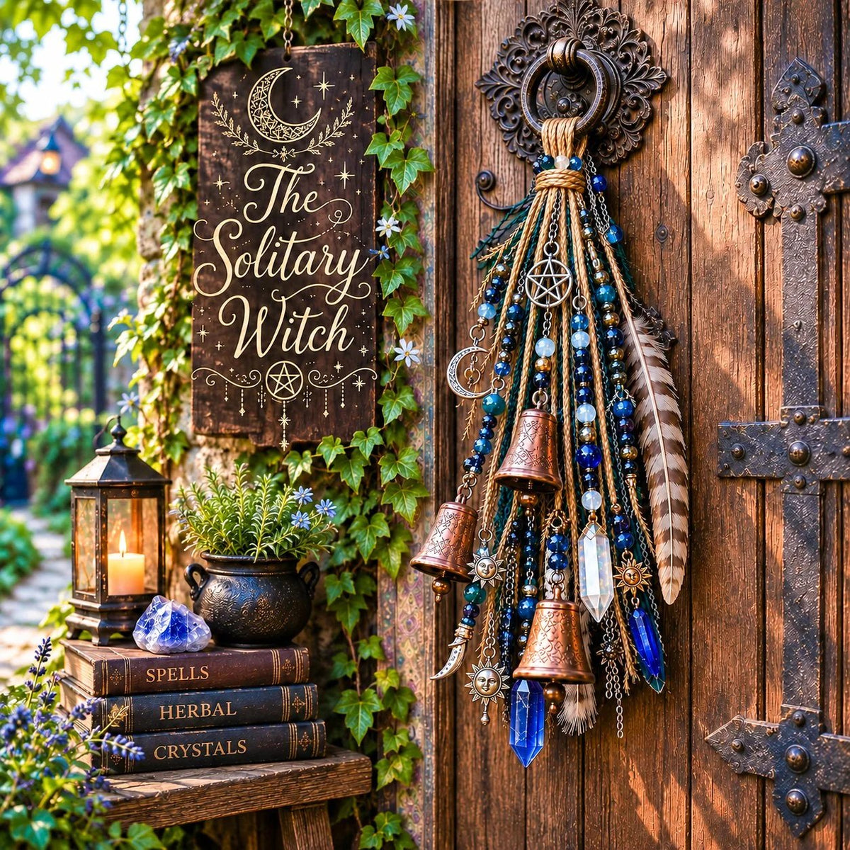 Blue Witchy Door Charm on rustic wooden door