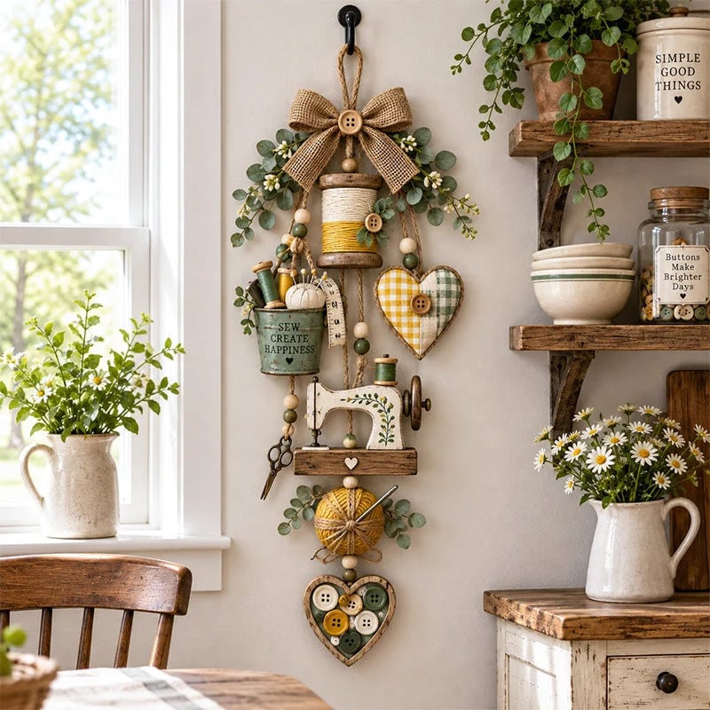🔥🧵✨ Rustic Wooden Sewing - Themed Hanging Ornament with Remote Control Fairy Lights