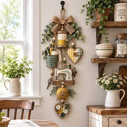 🔥🧵✨ Rustic Wooden Sewing - Themed Hanging Ornament with Remote Control Fairy Lights