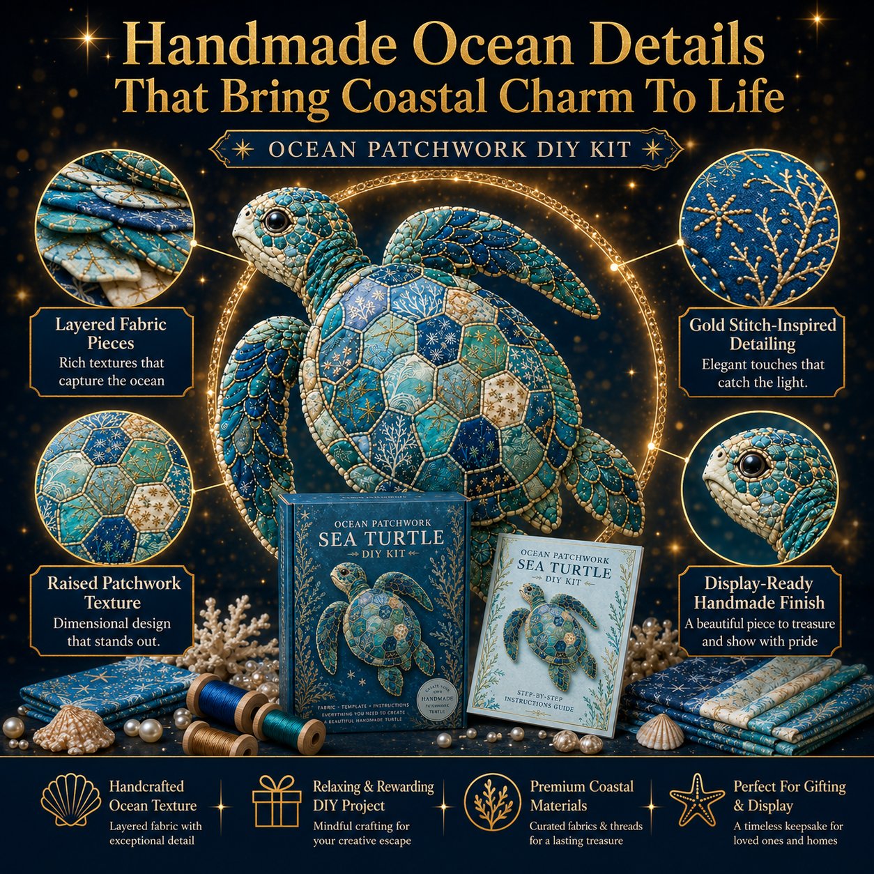 🌊🧵 Premium Ocean Patchwork DIY Kit | High-Quality Layered Fabric with Stitched Details DIY Handmade Coastal Decor 🐚✨
