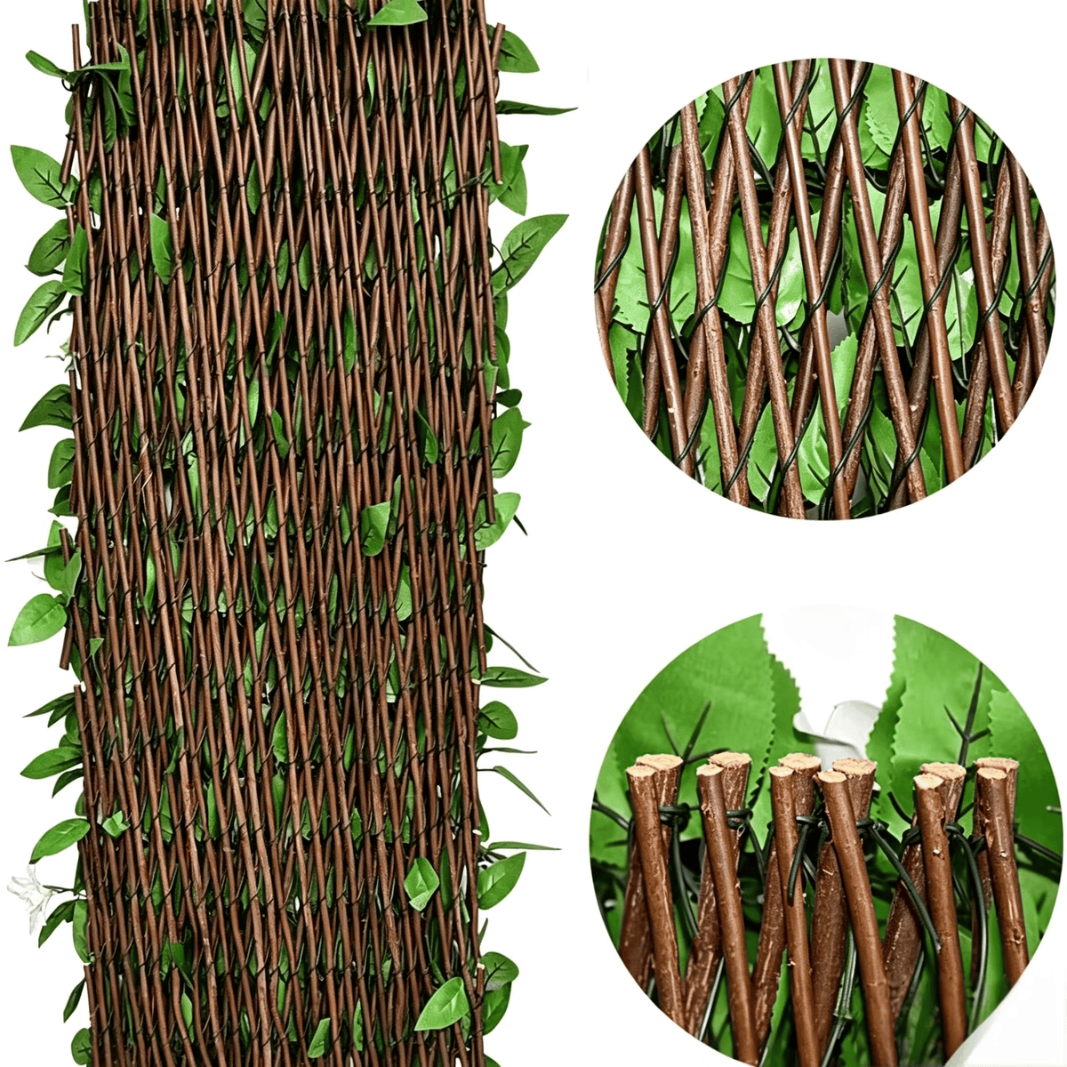📍Extendable Simulation Rattan Fence with White Flowers Decorating Green Leaves, Stretchable Folding Design, Privacy Shielding Courtyard Balcony Walls, Artificial Green Plants