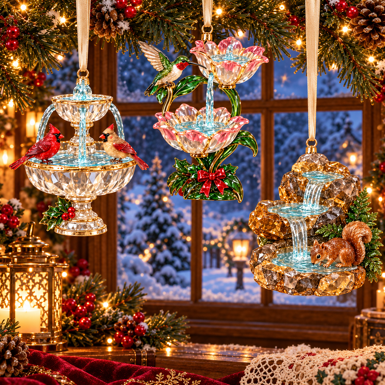 Crystal fountain ornaments hanging near snowy Christmas window and festive greenery