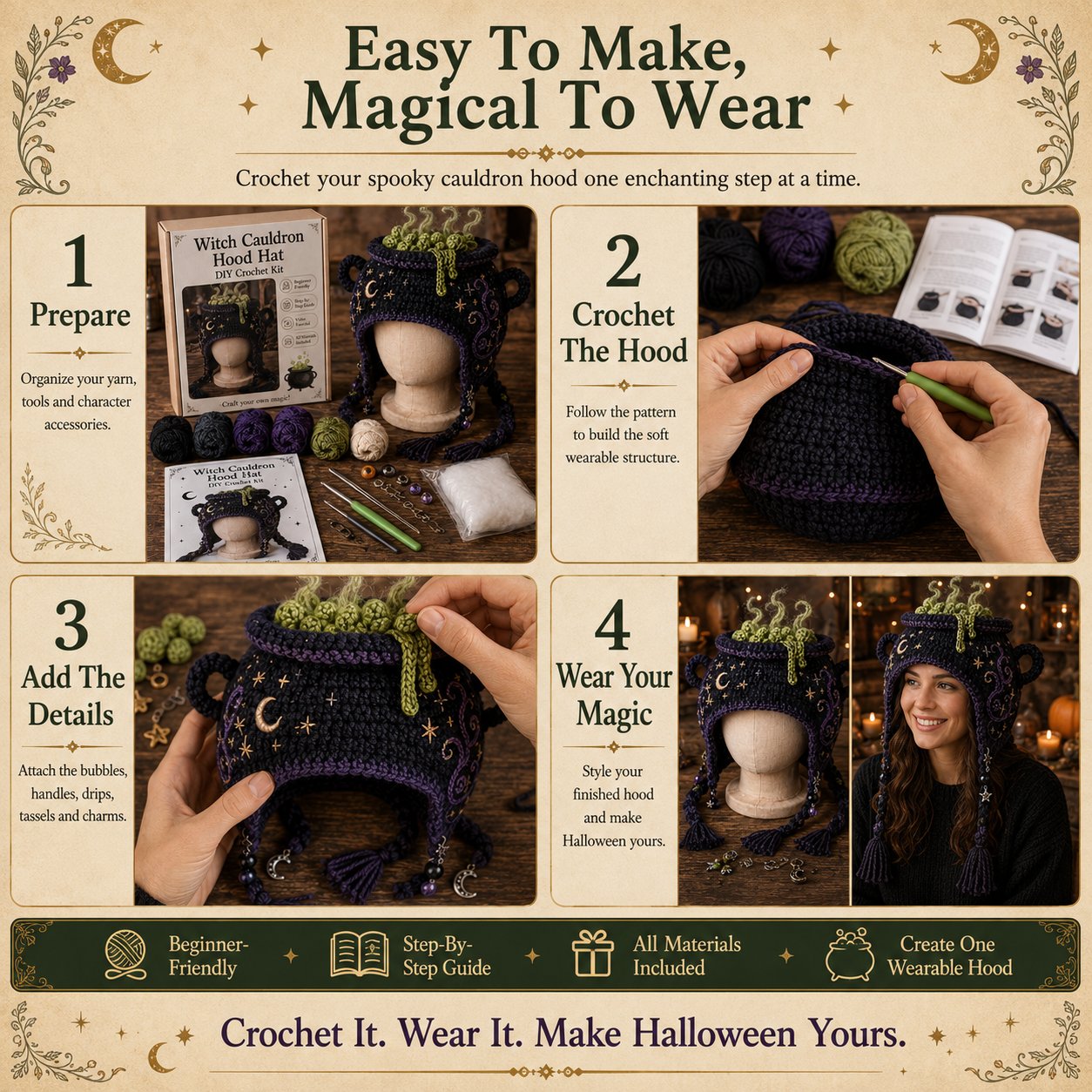 🔥 LAST DAY 49% OFF – 🎃✨ Halloween Hood Hat DIY Crochet Kit | Premium Soft Yarn Materials with Step-by-Step Guide DIY Handmade Wearable Spooky Character Hood 🧶🎭✨