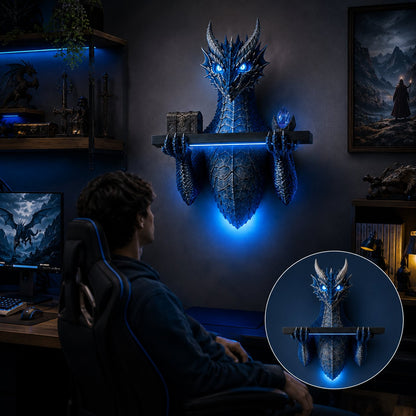 LED Dragon Bust Wall‑Mounted Sculpture Fantasy Themed Wall Decor With Blue Ambient Light For Game Room & Living Space