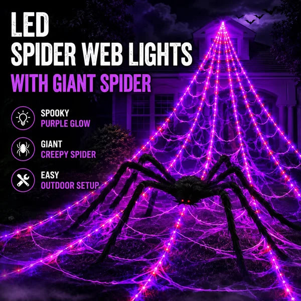 Halloween LED Spider Web Lights & Giant Black Spider Decor | 250 LEDs, 8 Modes, Remote Control