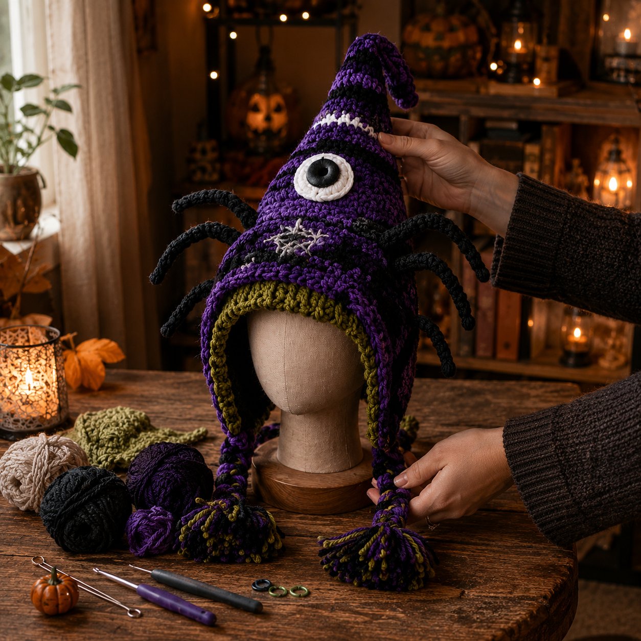 🔥 LAST DAY 49% OFF – 🎃✨ Halloween Hood Hat DIY Crochet Kit | Premium Soft Yarn Materials with Step-by-Step Guide DIY Handmade Wearable Spooky Character Hood 🧶🎭✨