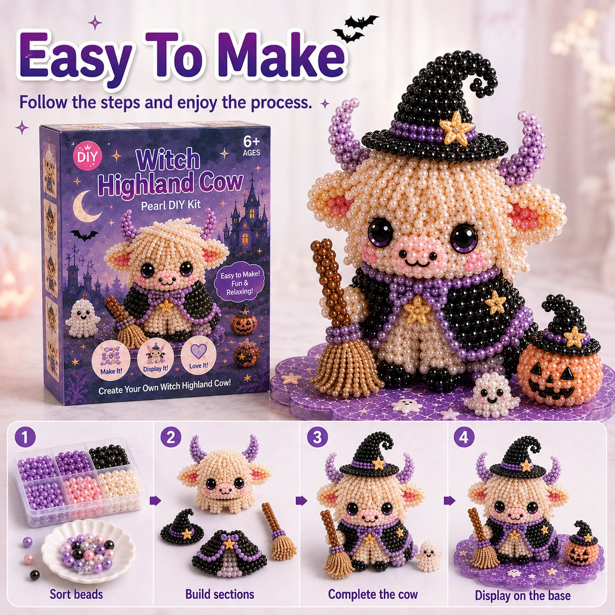 ⏳ Last Day 49% OFF – 🎃 Beginner-Friendly Halloween Highland Cow 3D Pearl Bead DIY Kit | Complete Kit with All Tools & Step-by-Step Guide Included 💕