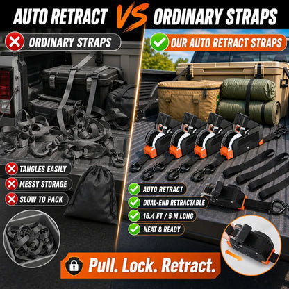 ⏰Limited Stock 60% OFF 🚜 Dual-End Retractable Tie-Down Ratcheting Straps, Large Locking S Hooks for Motorcycle, ATV, Truck