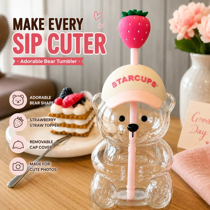 🔥 TODAY 55% OFF🐻Cute Teddy Bear Glass Tumbler with Bear Lid & Strawberry Straw – 20oz Reusable Cup