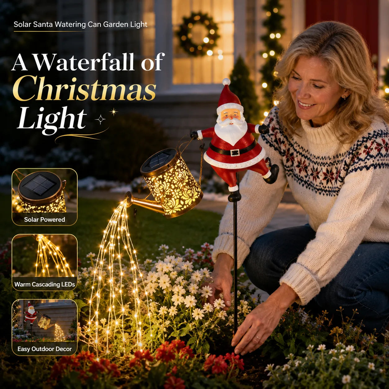 ⏳ Last Day 49% OFF – 🎅 Solar Santa Watering Can Christmas Garden Light | Cascading Warm LED Waterfall Effect, Solar-Powered Design & IP44 Outdoor Protection ✨