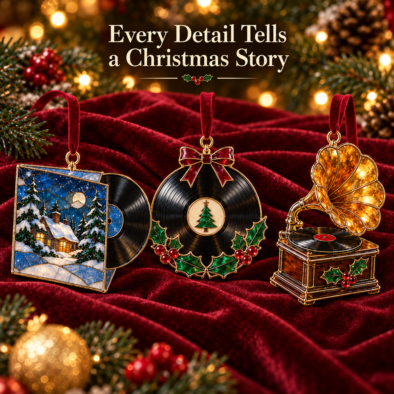 Detailed vintage music Christmas ornaments with record and golden gramophone