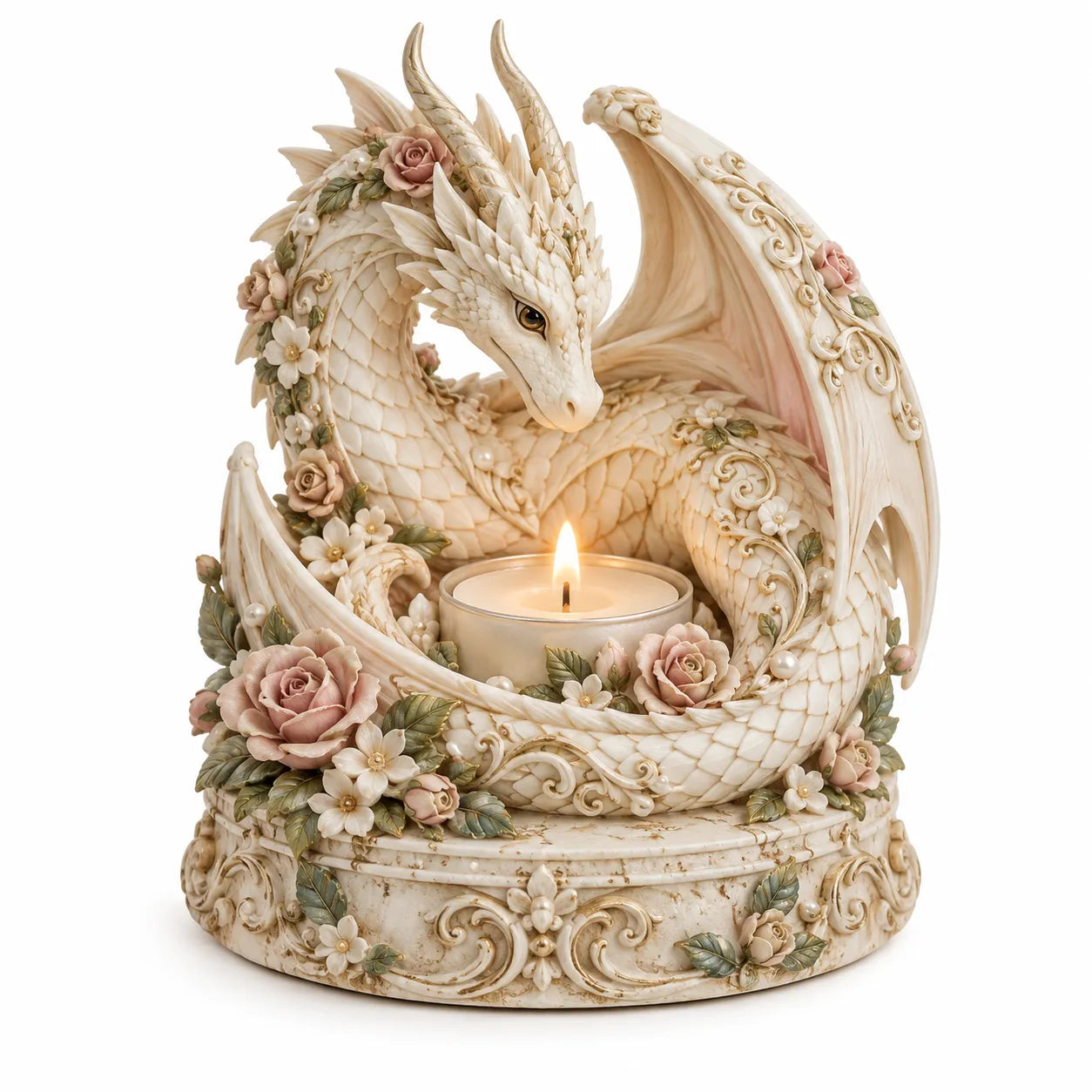 🐉 Floral White Dragon Tea Light Candle Holder