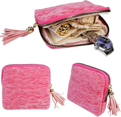 2 PCS jewelry zippered pocket case Travel Jewelry Bag Portable Organizer with 5 Compartments Velvet Satin Lining Tassel Zipper