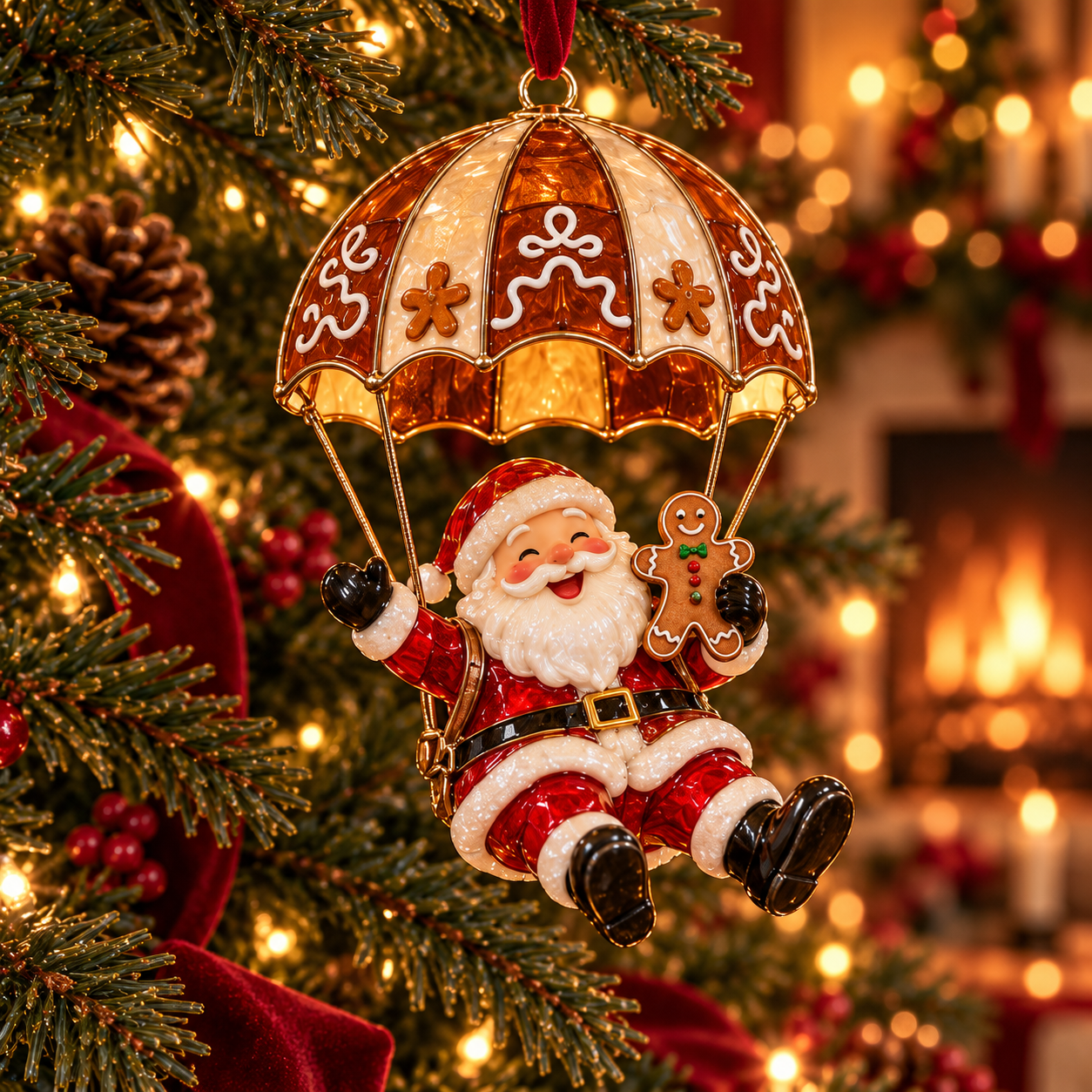 Gingerbread Santa ornament brown decorated parachute