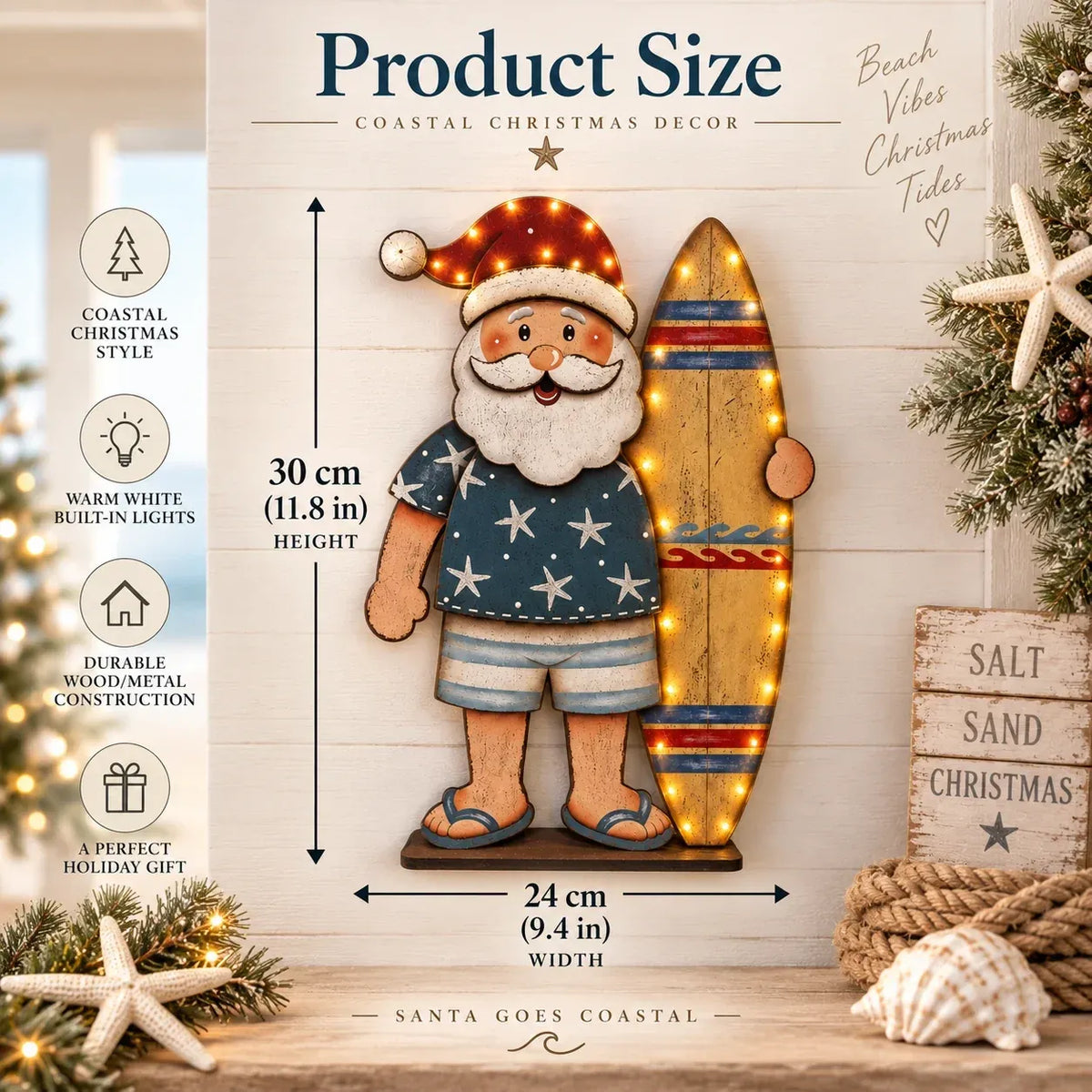 ⏳ Last Day 49% OFF – 🎅🌊 Surfing Santa Christmas Wall Light – Vintage Coastal Holiday Décor with Warm LED Glow & Remote