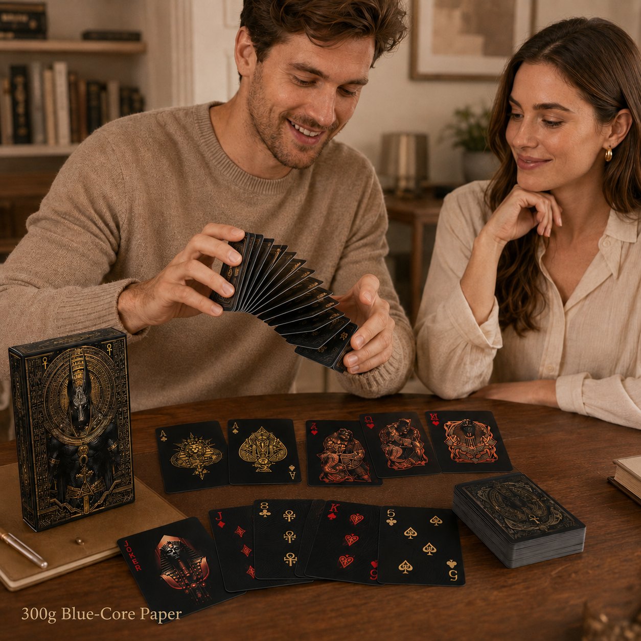 Black‑Gold Egyptian Themed Playing Cards – 300g Blue-Core Deck