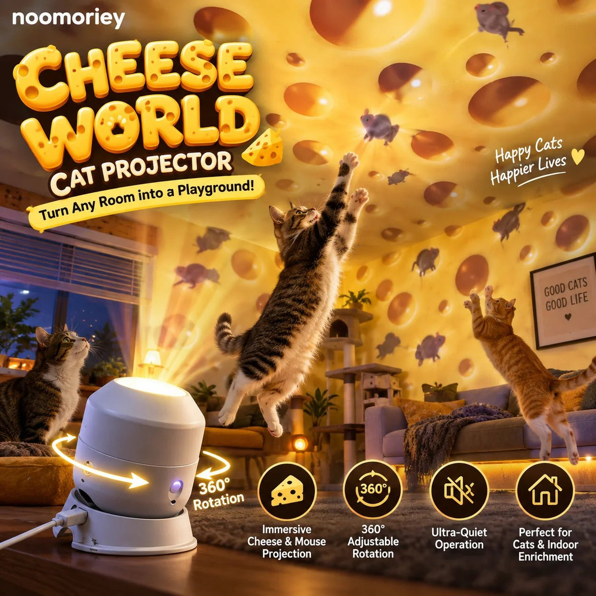 🧀🐈 Cheese & Mouse Cat Projector – Indoor Curiosity Scene