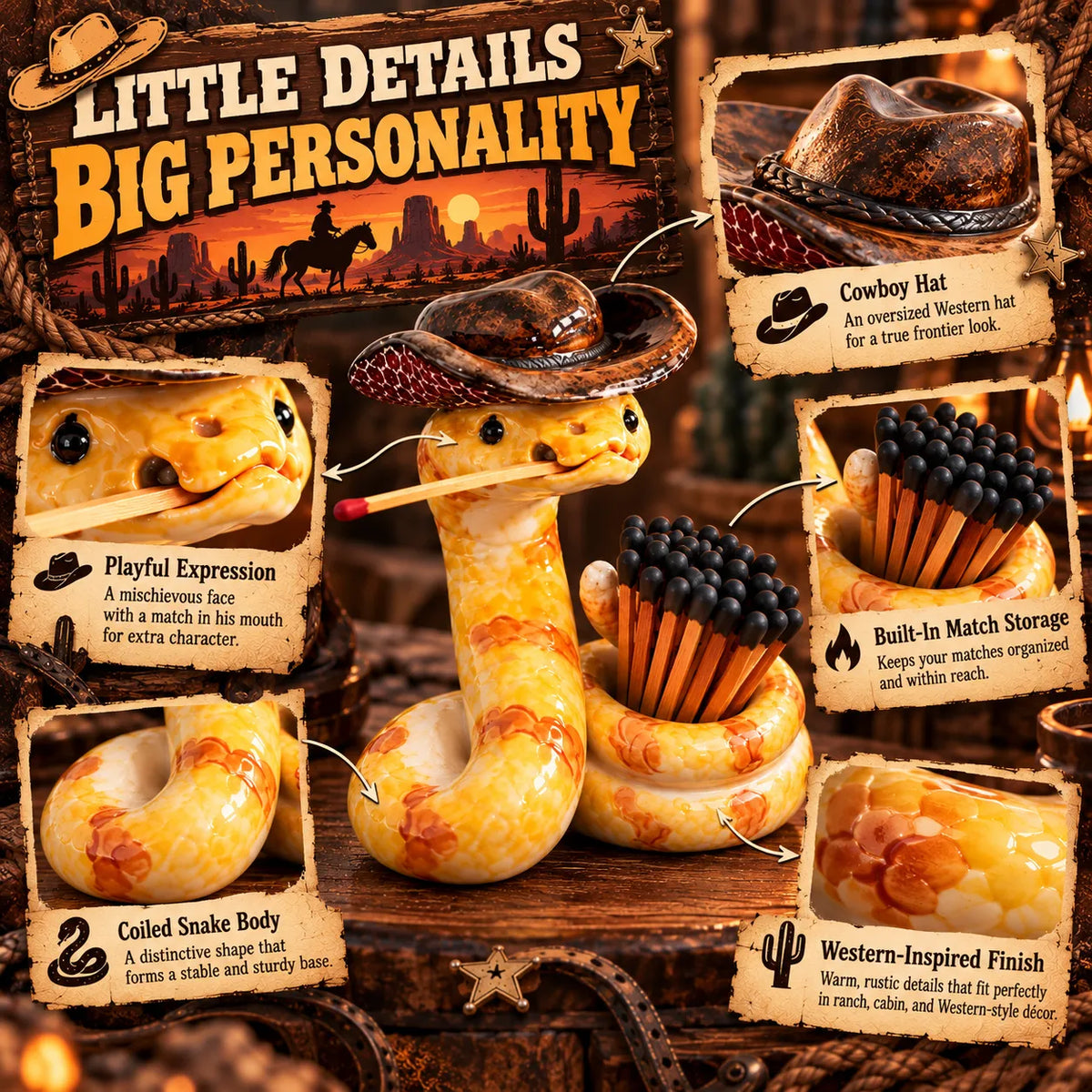 🔥LAST DAY 50% OFF🤠The Cowboy Rattler – Funny Western Match Holder🐍🔥