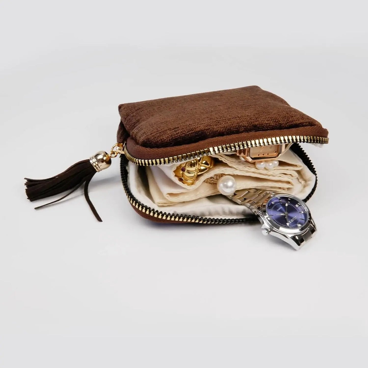 2 PCS jewelry zippered pocket case Travel Jewelry Bag Portable Organizer with 5 Compartments Velvet Satin Lining Tassel Zipper