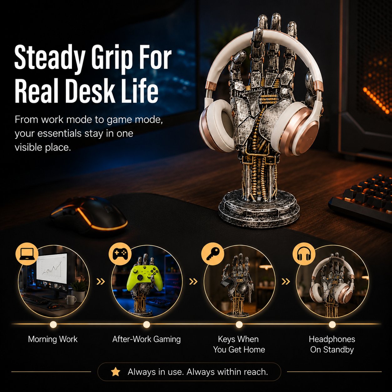 Cyberpunk Mechanical Hand Controller And Headphone Desk Stand