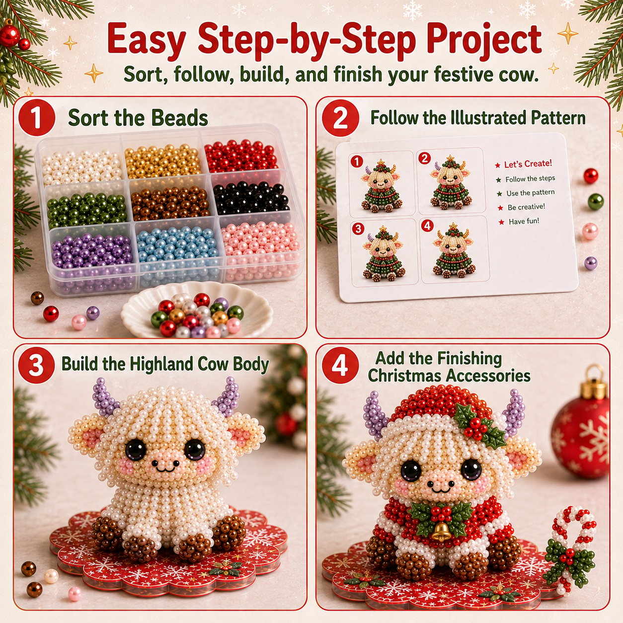 ⏳ Last Day 49% OFF – 🎄Beginner-Friendly Christmas Highland Cow 3D Pearl Bead DIY Kit | Complete Kit with All Tools & Step-by-Step Guide Included 💕