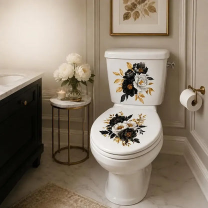 🌸3 Piece Golden Floral Toilet Stickers – Pearl-Inspired Bathroom Decals