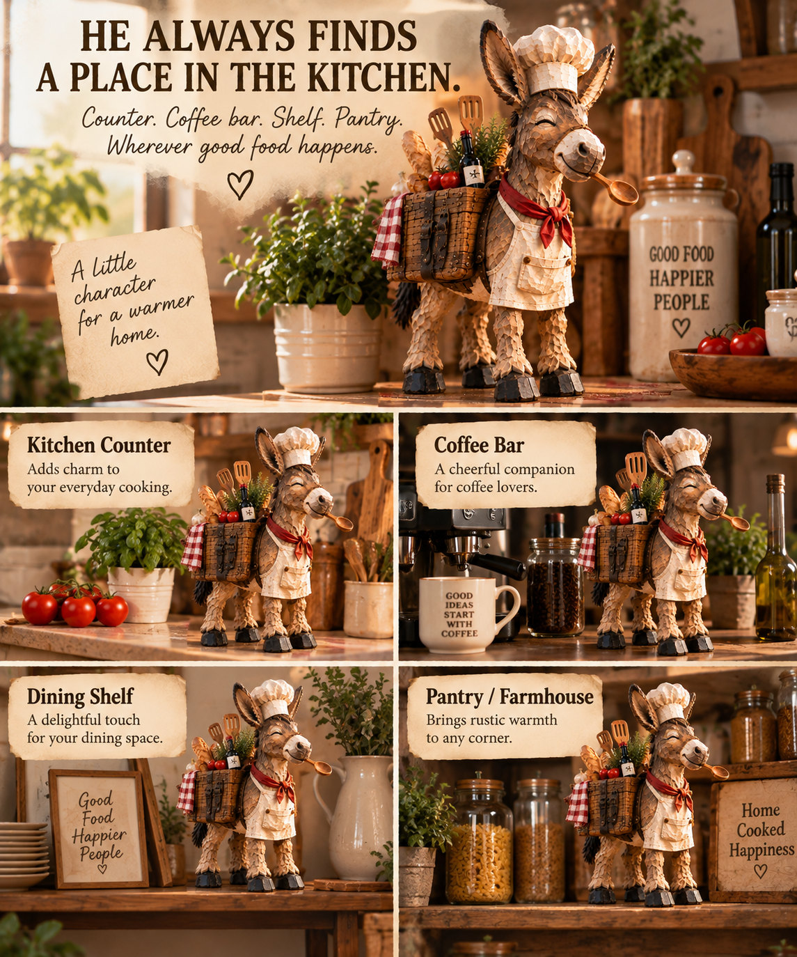 Donkey chef displayed on kitchen counter, coffee bar, dining shelf and pantry