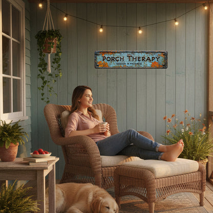 Country-style "PORCH THERAPY" Metal Sign