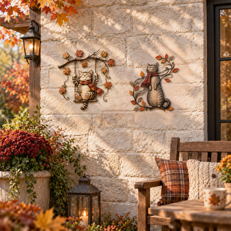 Autumn Cat Metal Wall Decor – Swinging & Standing Cat Designs