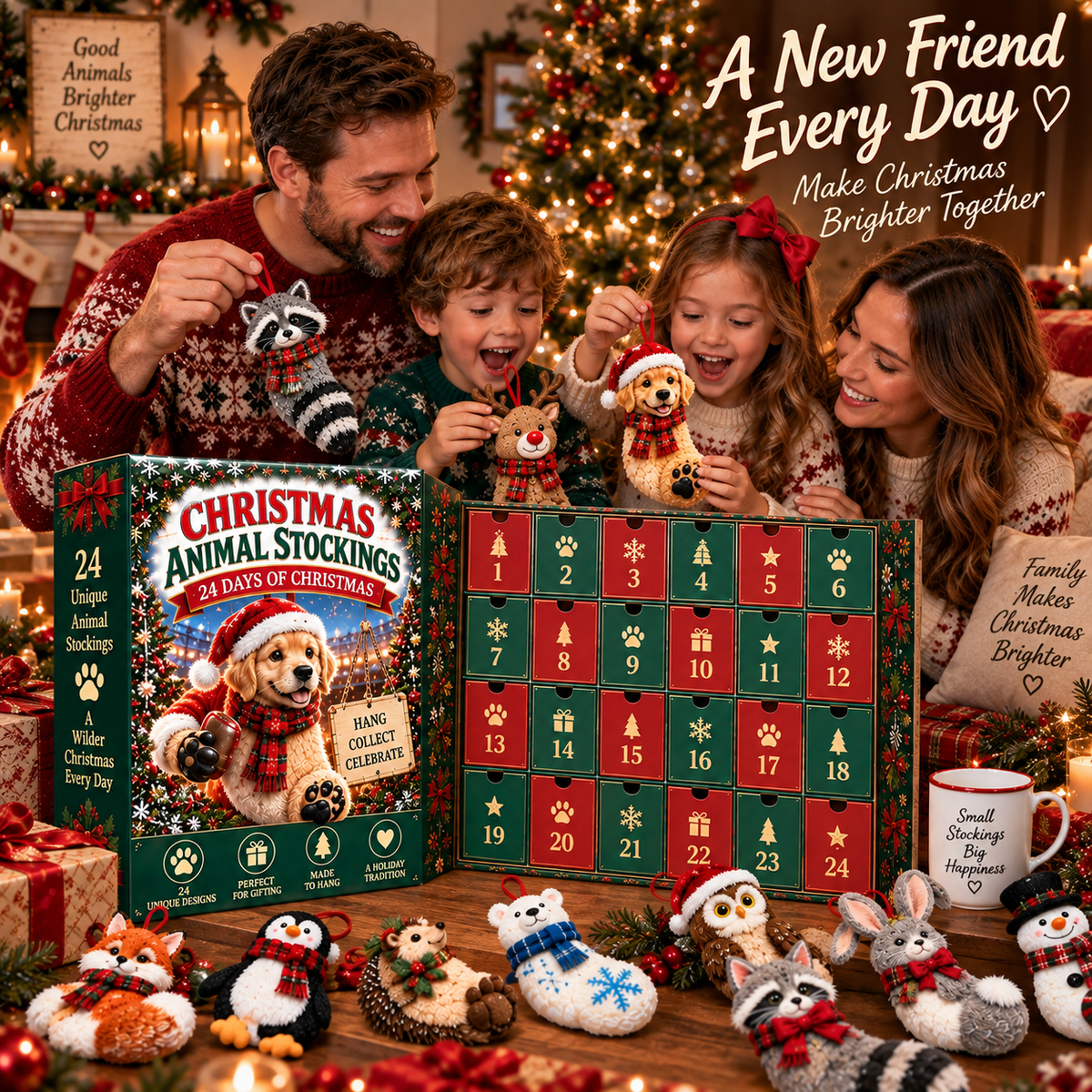 Illustrated family scene with a numbered Christmas countdown box and animal stocking ornaments.