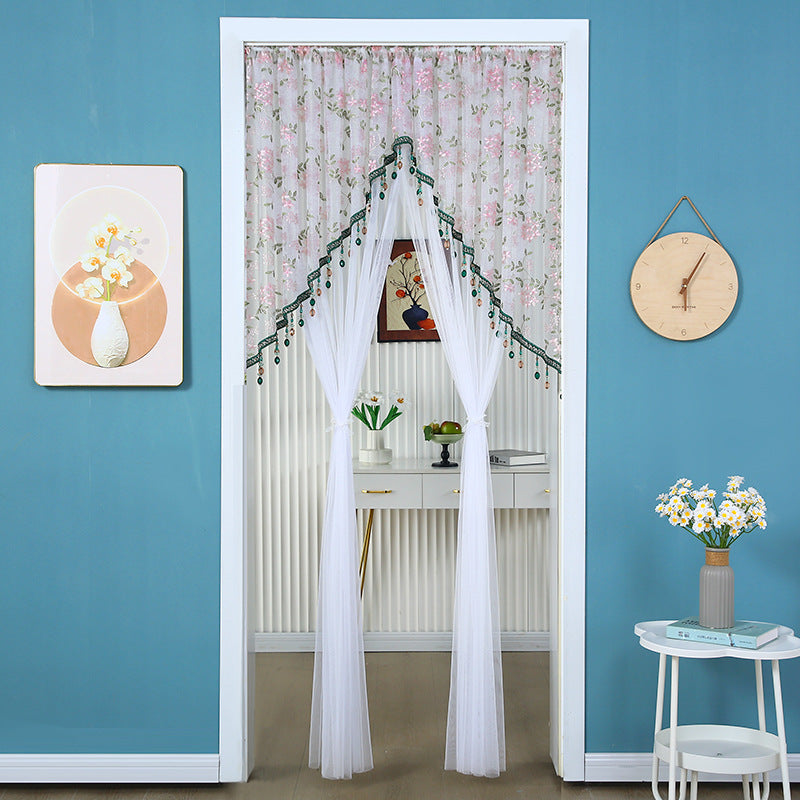 🎀 Extra-Wide Embroidered Beaded Doorway Curtain – Romantic Sheer Tie-Back Divider
