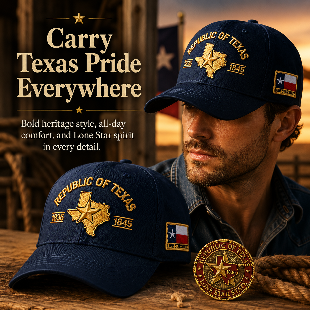 Republic of Texas Embroidered Cap  🎁 Free Honor Coin With Every Cap Purchase