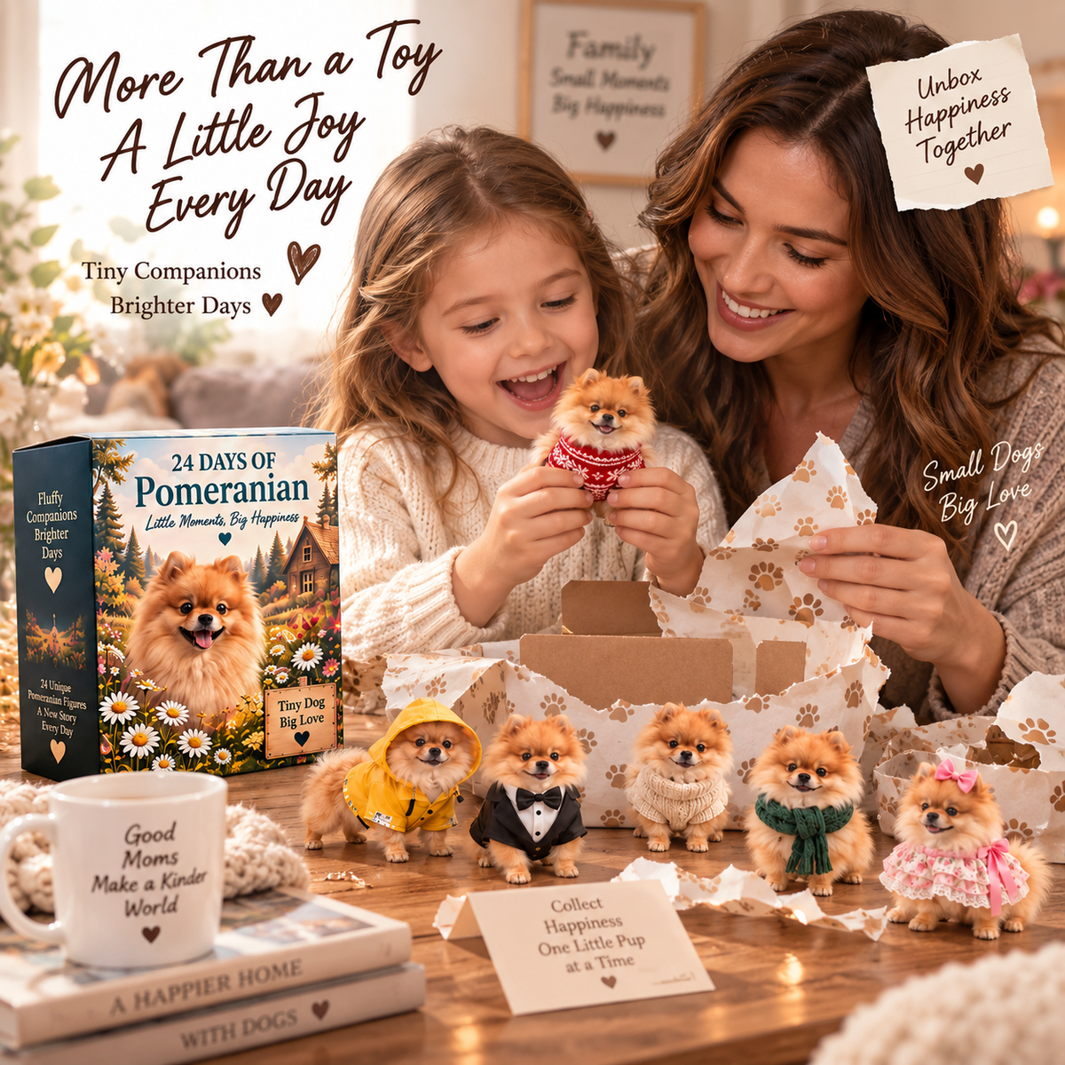Family enjoying a Pomeranian Crew collectible surprise together at home